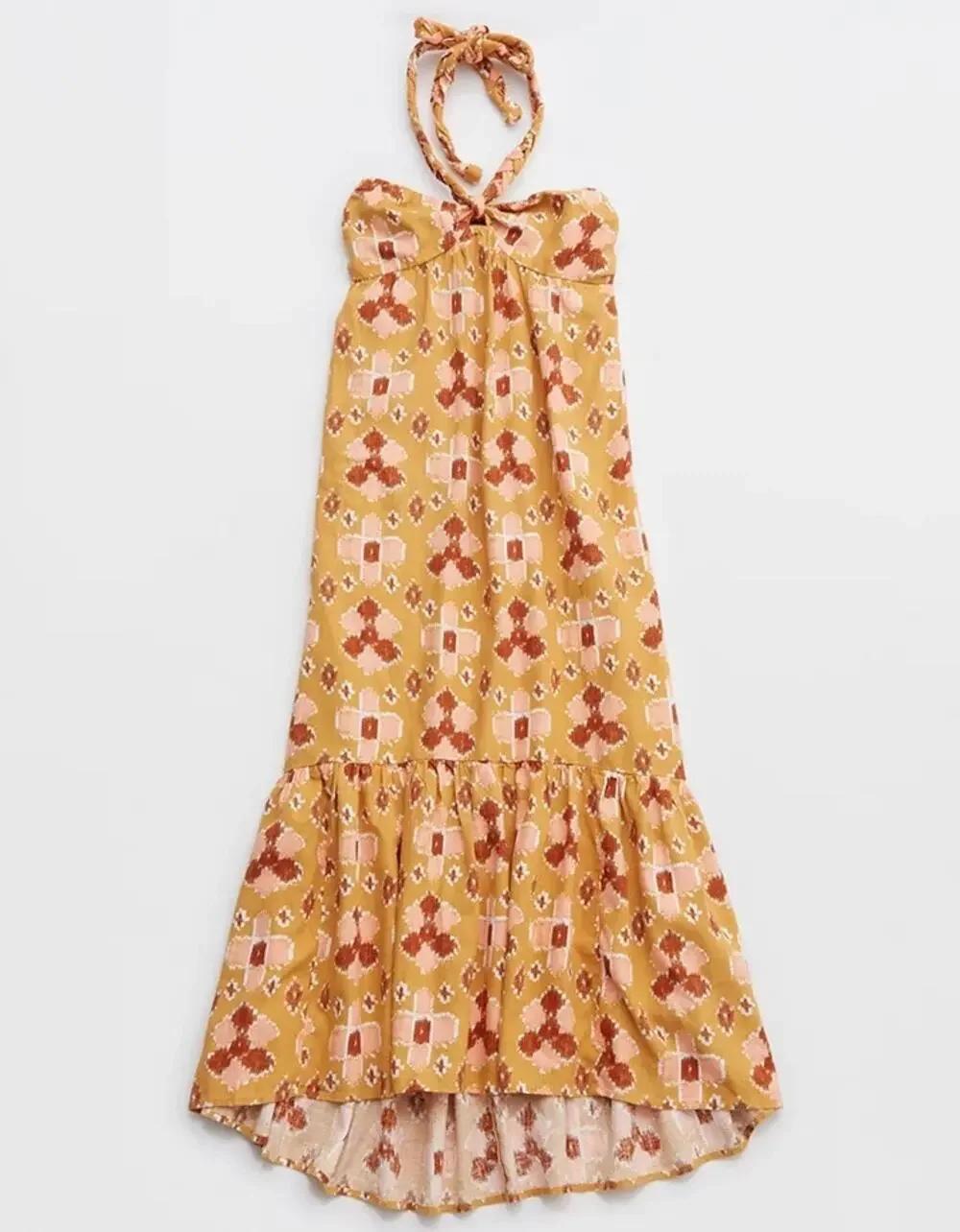 NWT Aerie High Low Halter Maxi Sundress Mustard Yellow Batik Linen Size XL - Picture 2 of 5